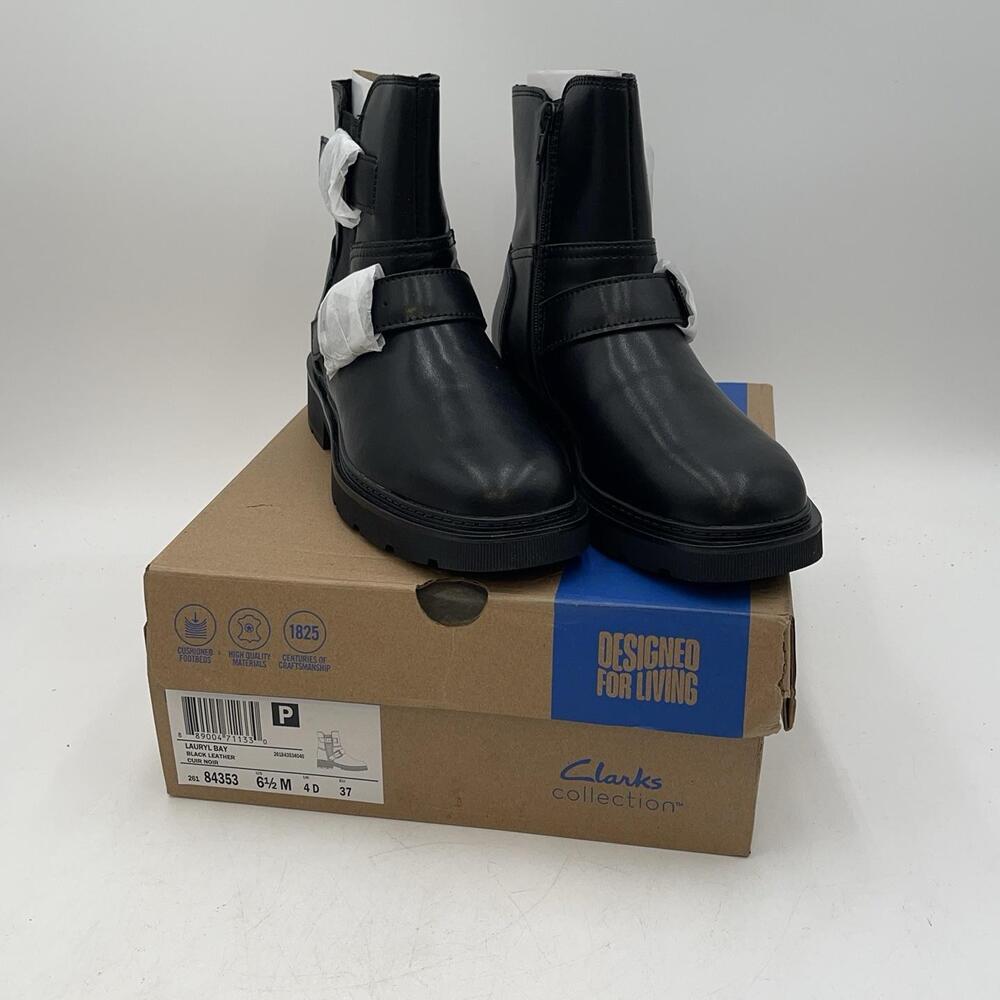 Clarks Lauryl Bay Boots Womens Black Leather Biker Zip Block Heel New Size 6.5